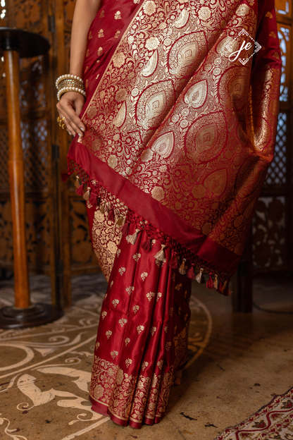 Maroon Open Border Satin Silk Buti Banarasi Saree