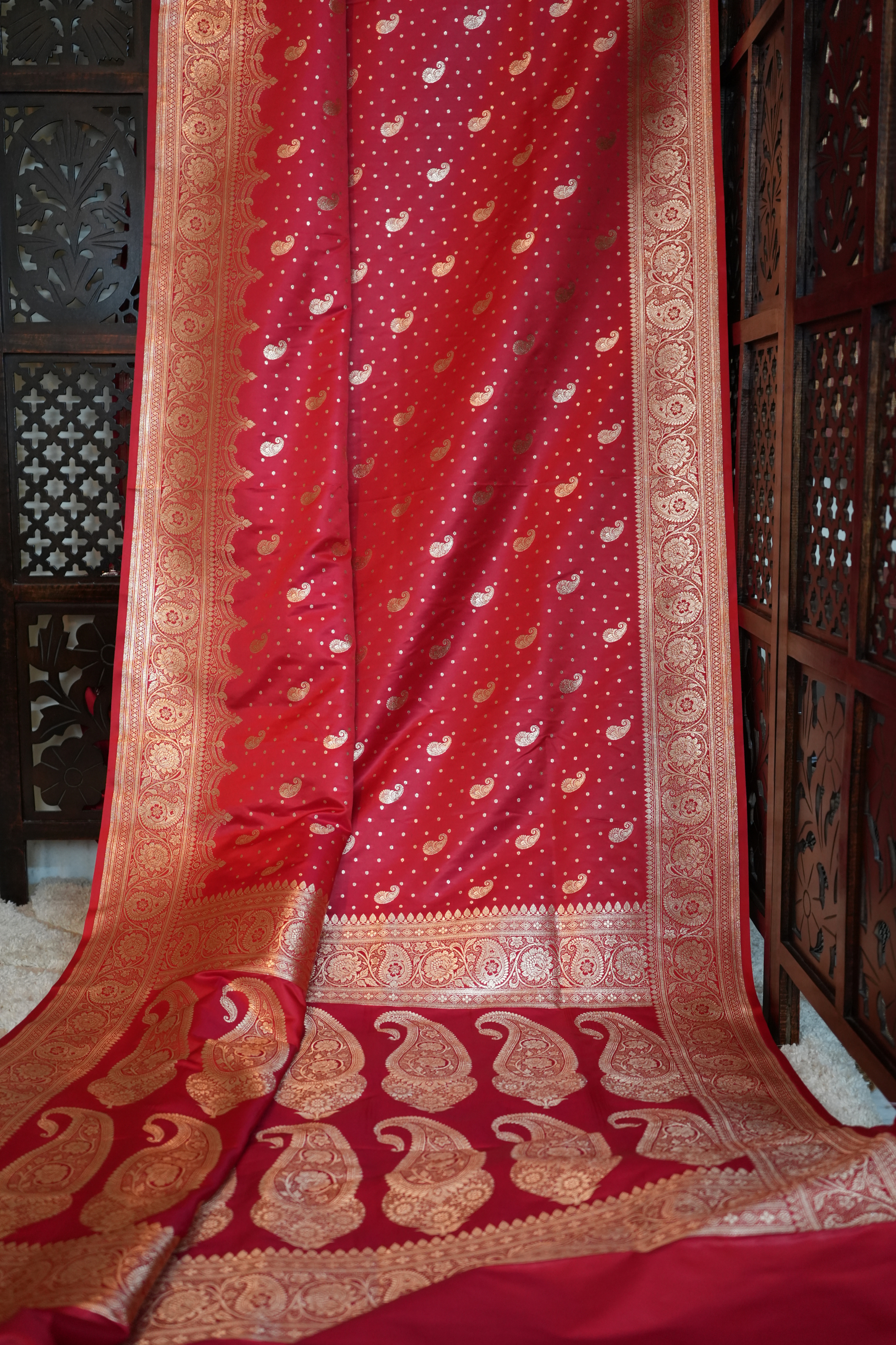 Red Satin Silk Ambi Buti Banarasi Saree