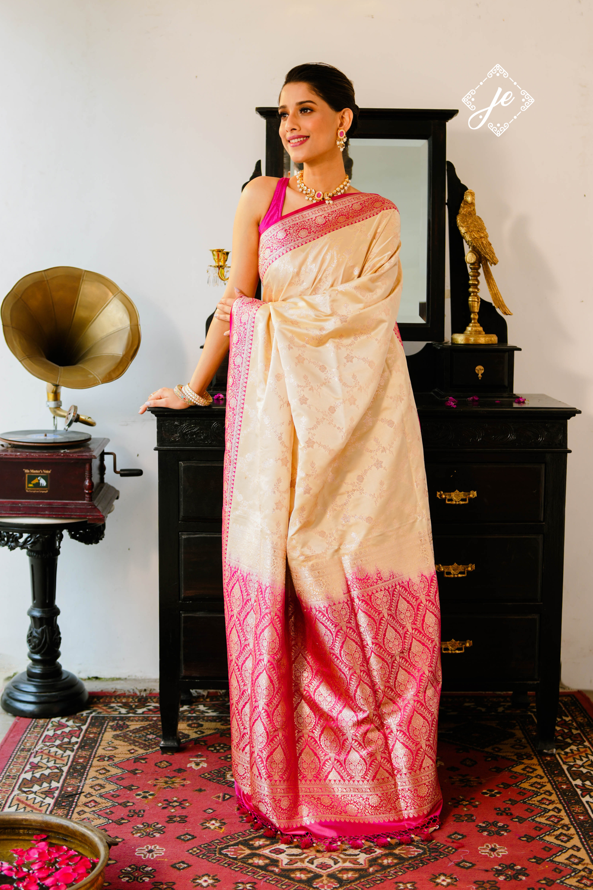 Beige Satin Silk with Contrast Rani Pink Border Banarasi Saree