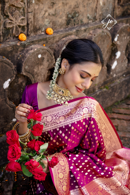 Purple Satin Silk Leheriya Buti Banarasi Saree