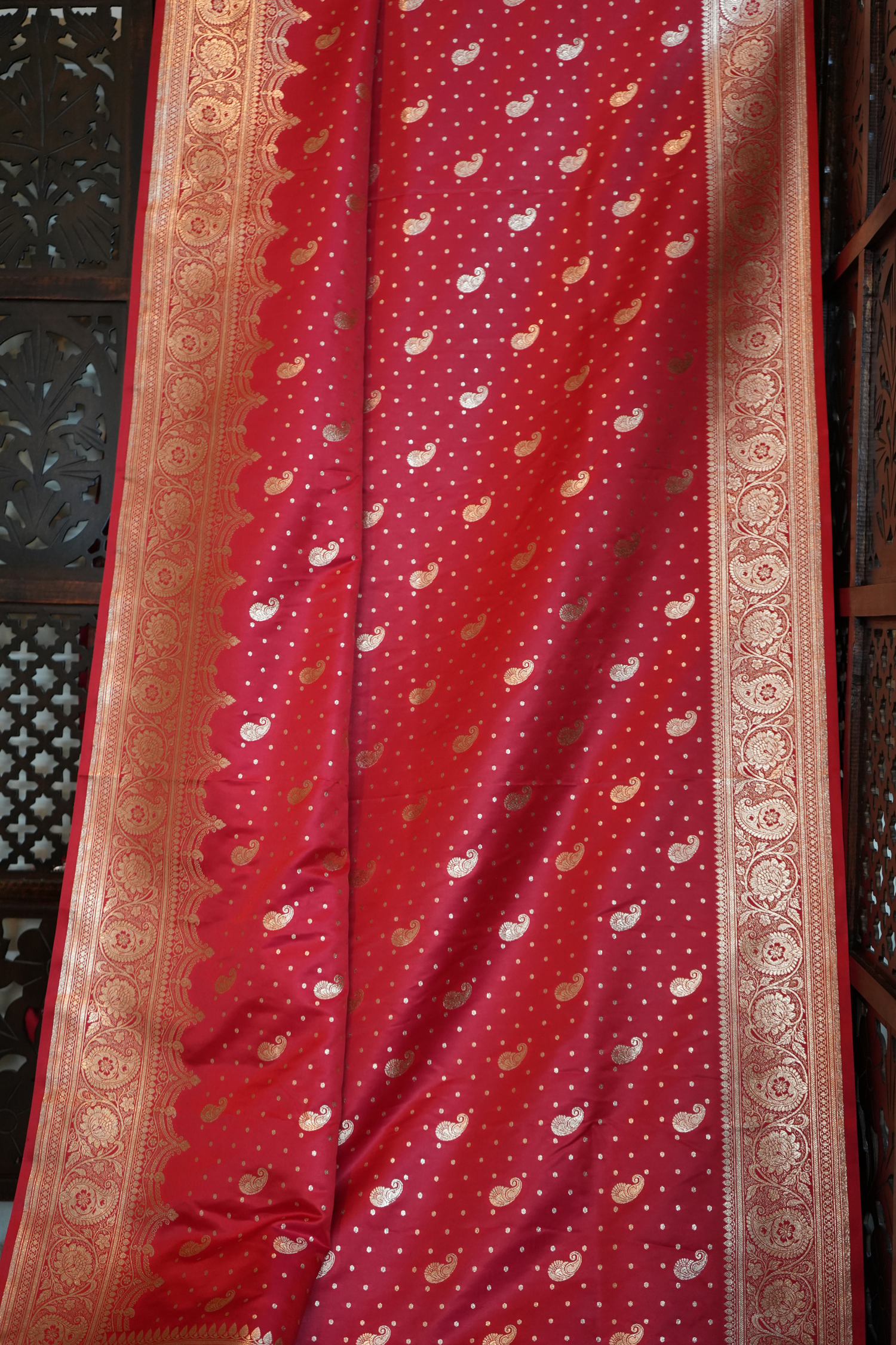 Red Satin Silk Ambi Buti Banarasi Saree