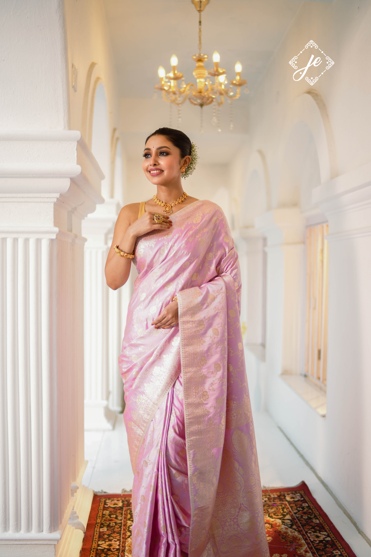 Pastel Pink Satin Silk Banarasi Saree