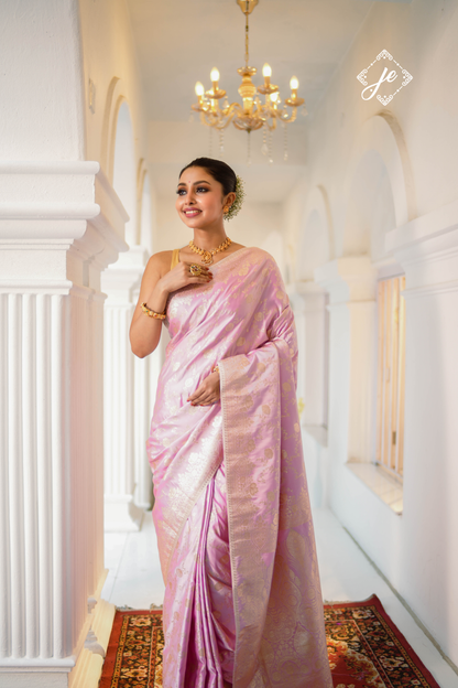 Pastel Pink Satin Silk Banarasi Saree