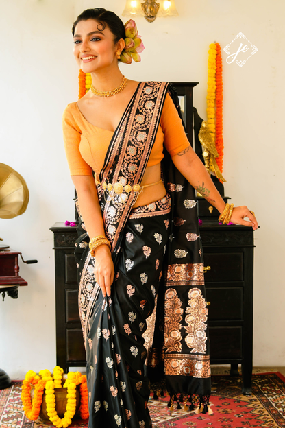 Black Satin Silk Banarasi Saree