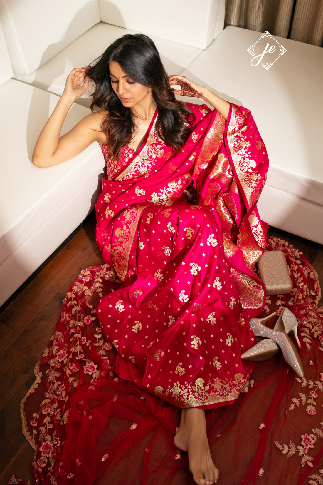 Rani Pink Satin Silk Floral Banarasi Saree