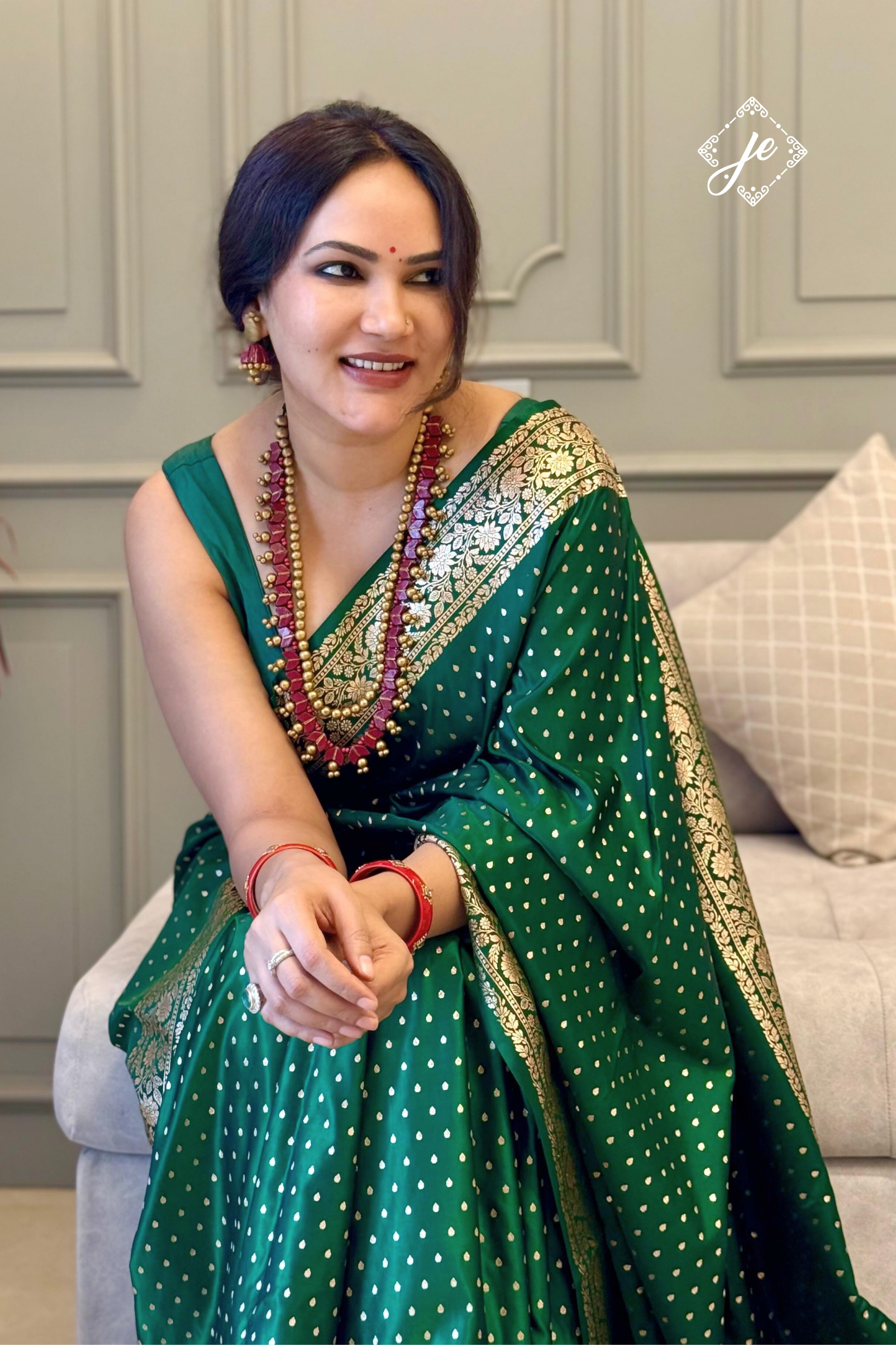 Green Satin Silk Buti Banarasi Saree