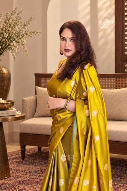 Mustard Gold Satin Silk Buti Banarasi Saree