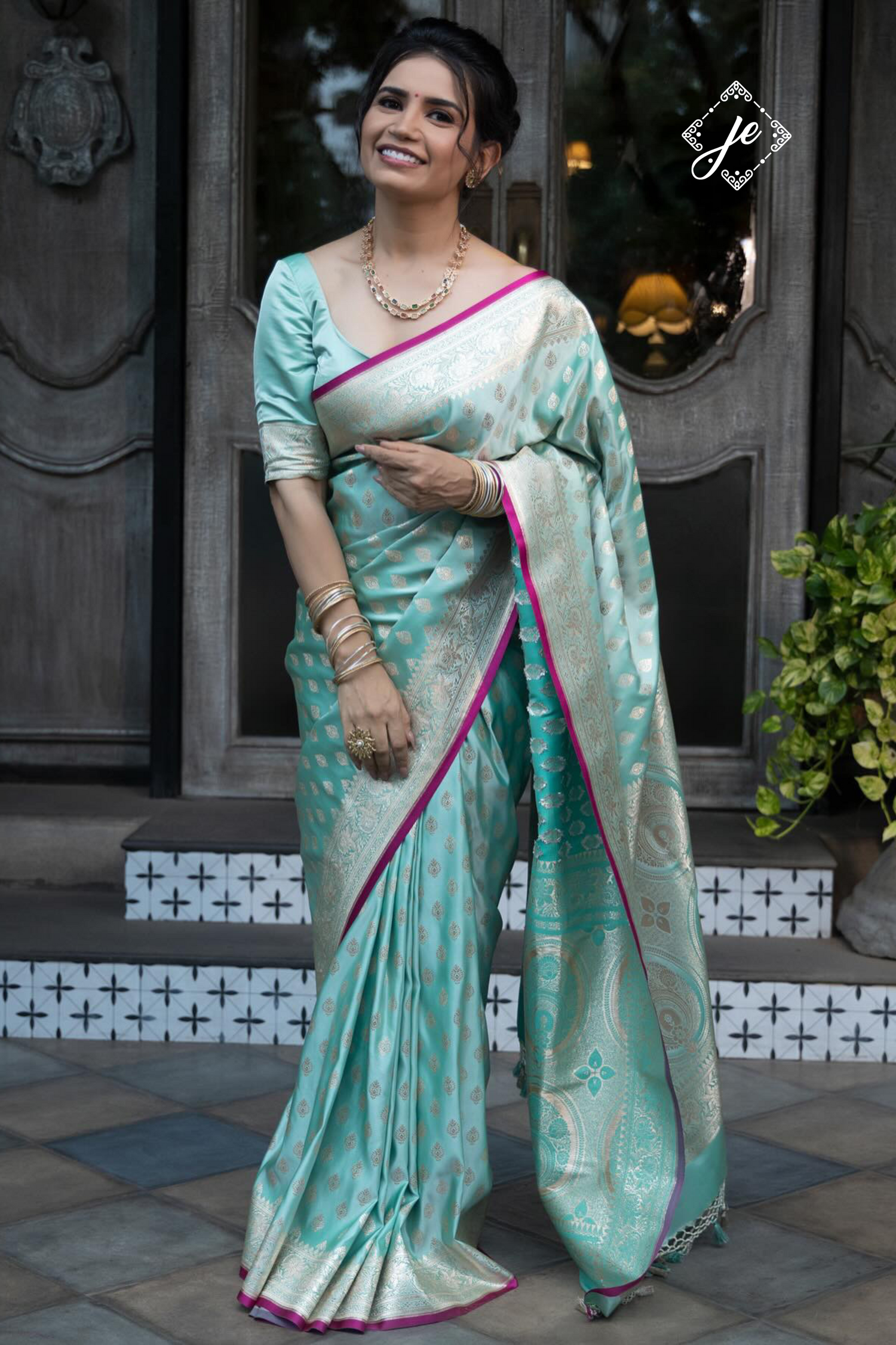 Aqua Green Satin Silk Buti Banarasi Saree