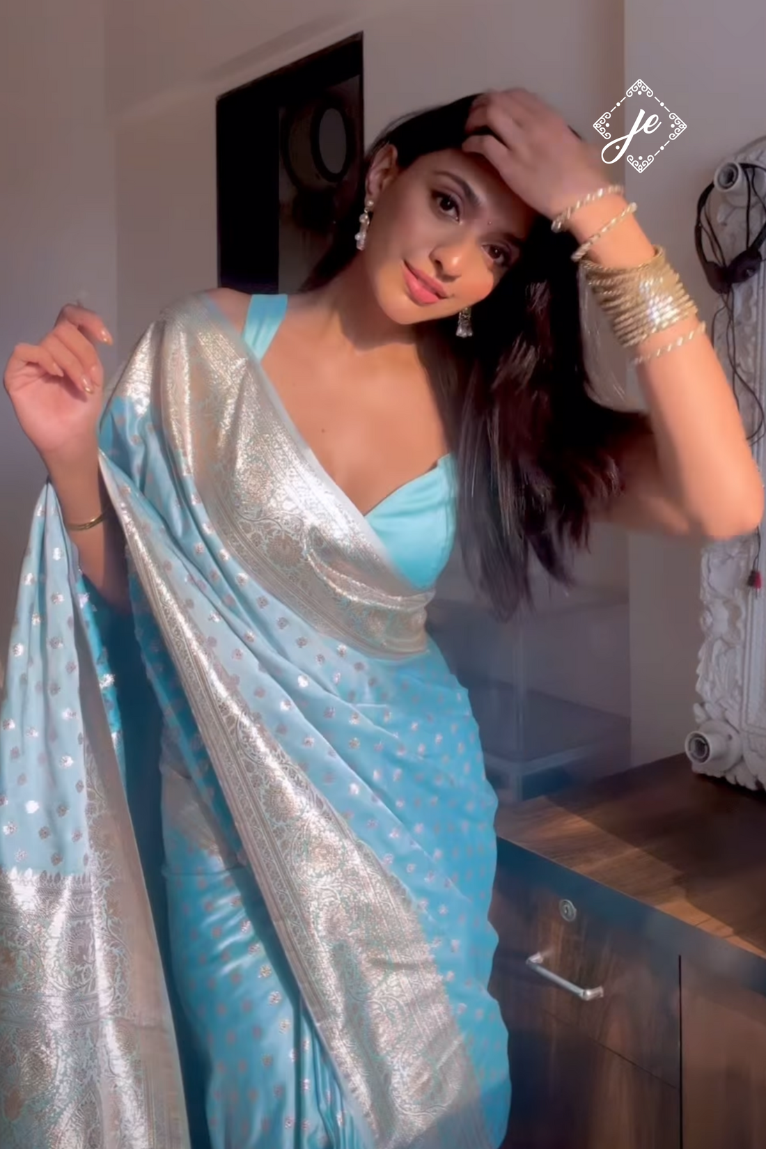 Powder Blue Satin Silk Banarasi Saree