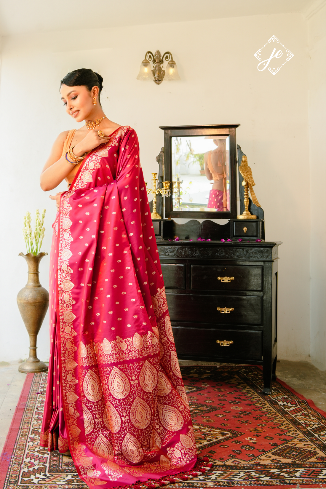 Wine Satin Silk Buti Banarasi Saree