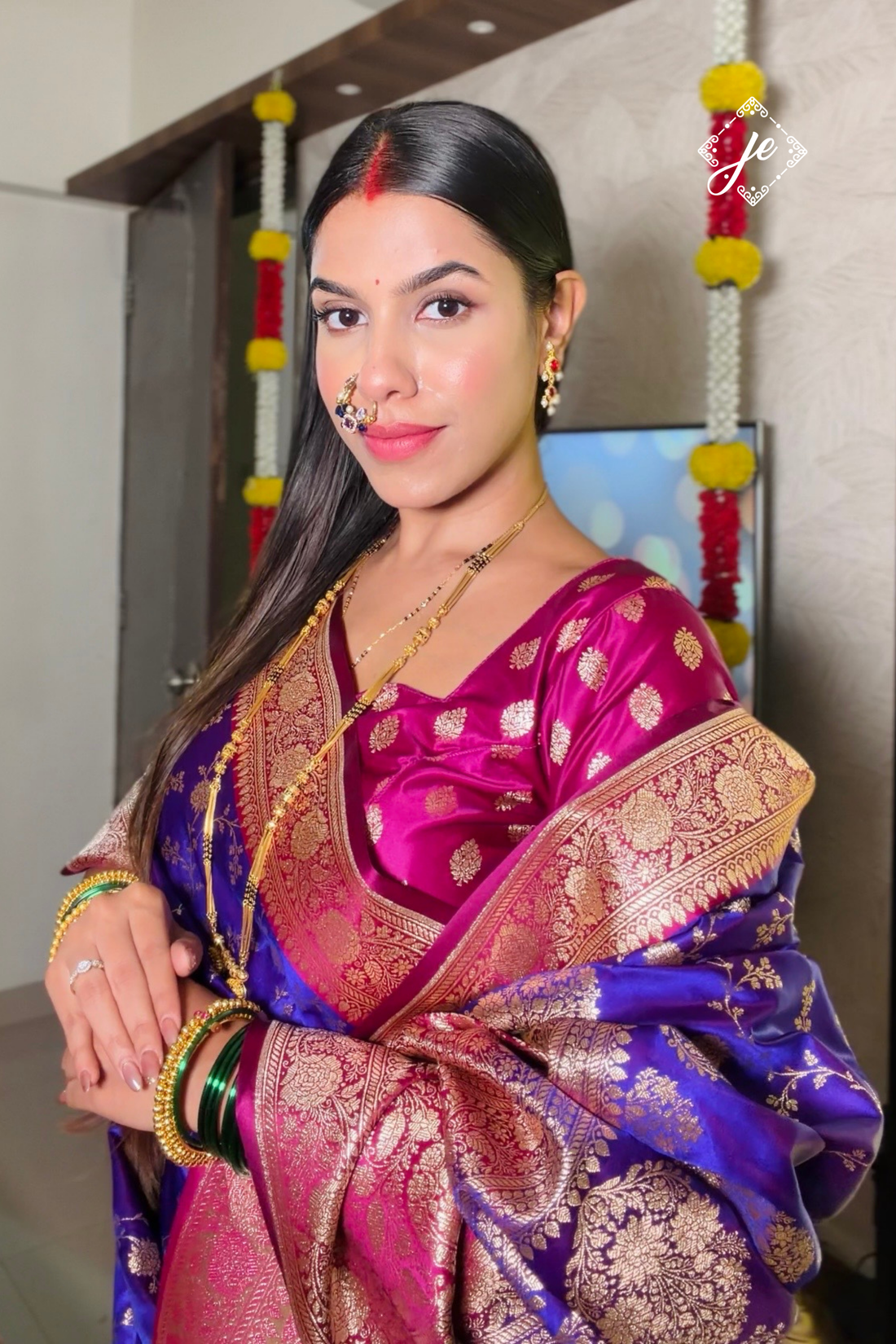 Purple Satin Silk with Contrast Rani Pink Border Banarasi Saree