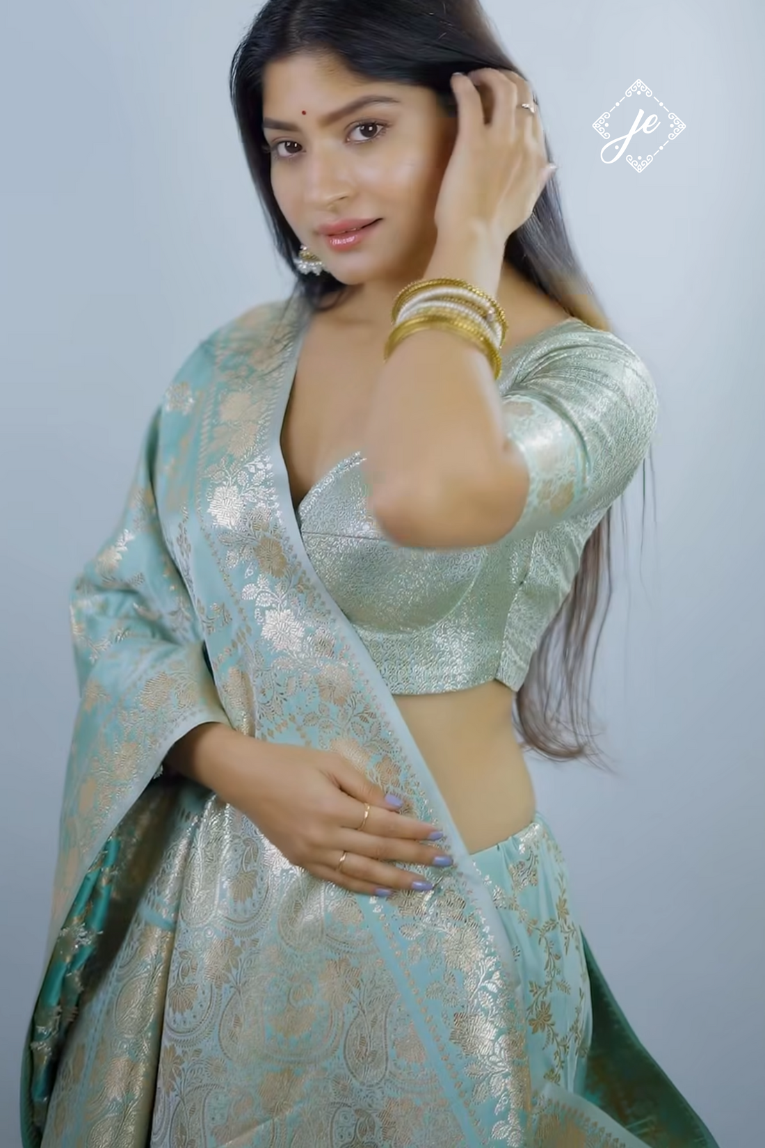 Light Blue Satin Silk Jaal Banarasi Saree