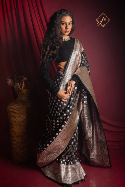 Black Satin Silk Butidar Banarasi Saree