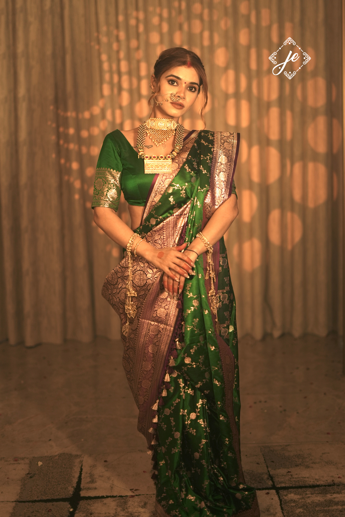 Bottle Green Satin Silk with Contrast Magenta Border Banarasi Saree