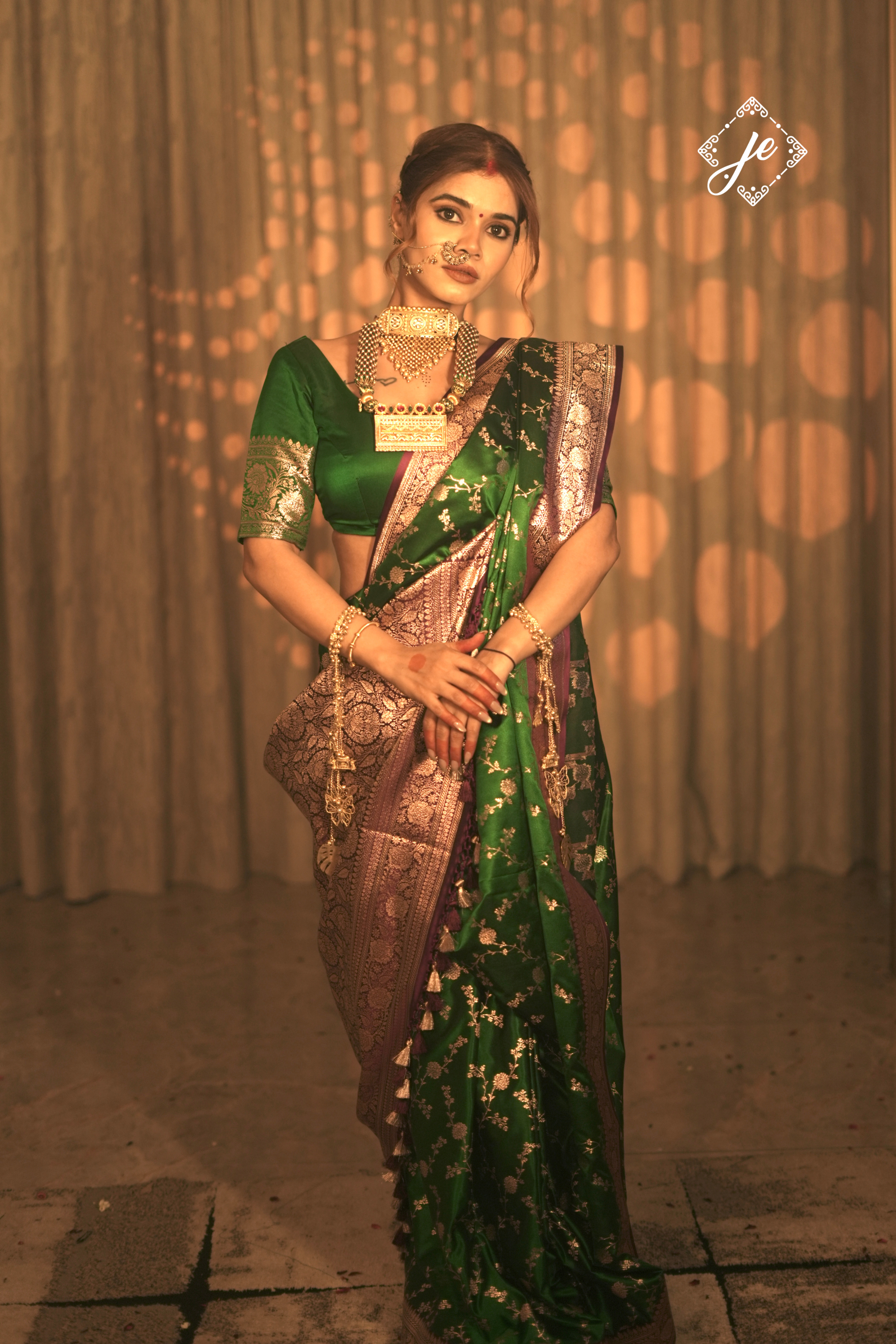 Bottle Green Satin Silk with Contrast Magenta Border Banarasi Saree