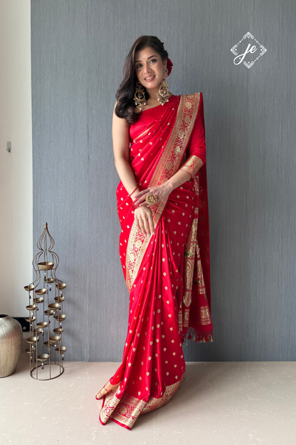 Red Satin Silk Buti Leheriya Mix Meenakari Banarasi Saree
