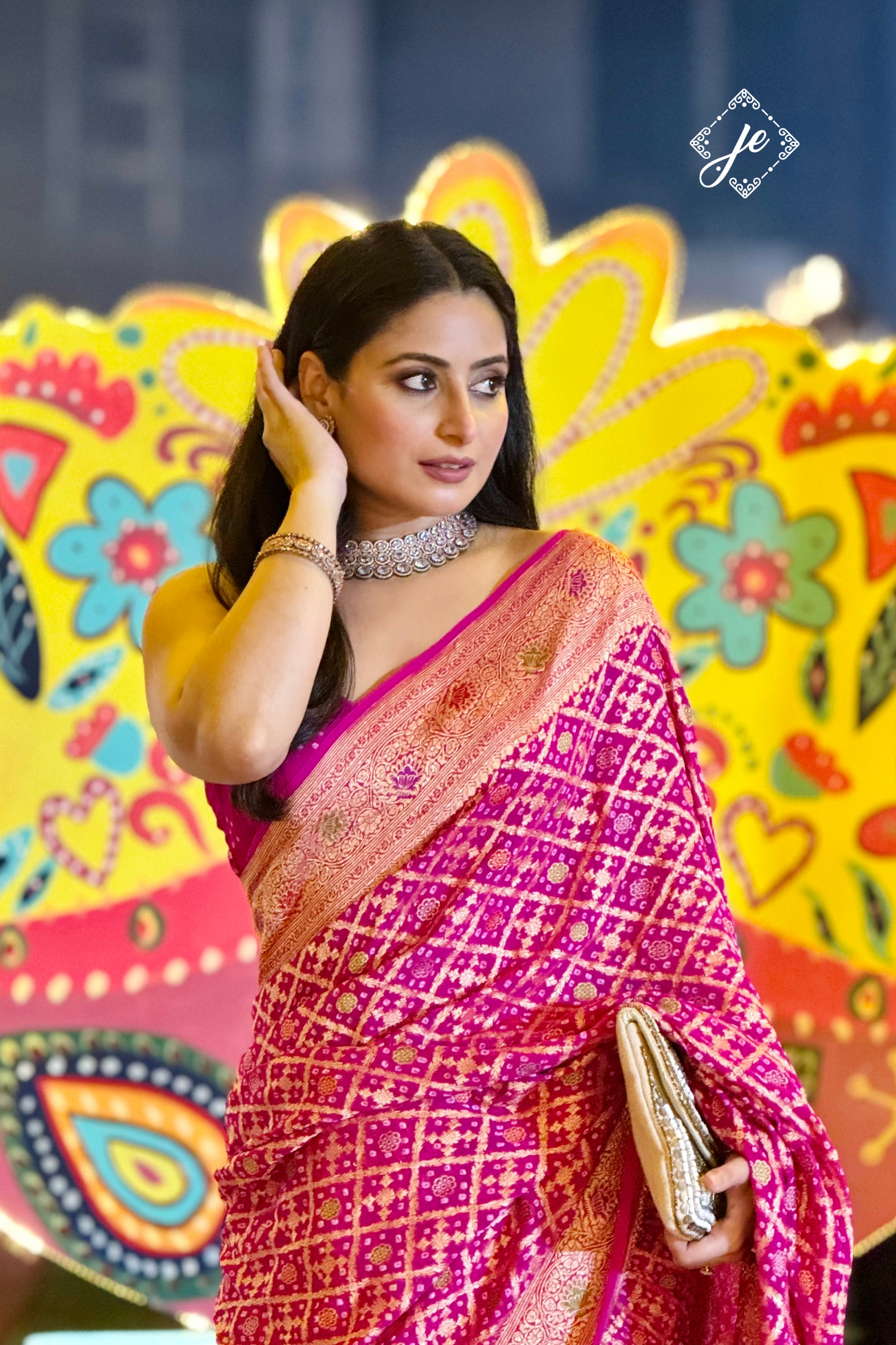 Rani Pink Meenakari Bandhej Khaddi Banarasi Saree