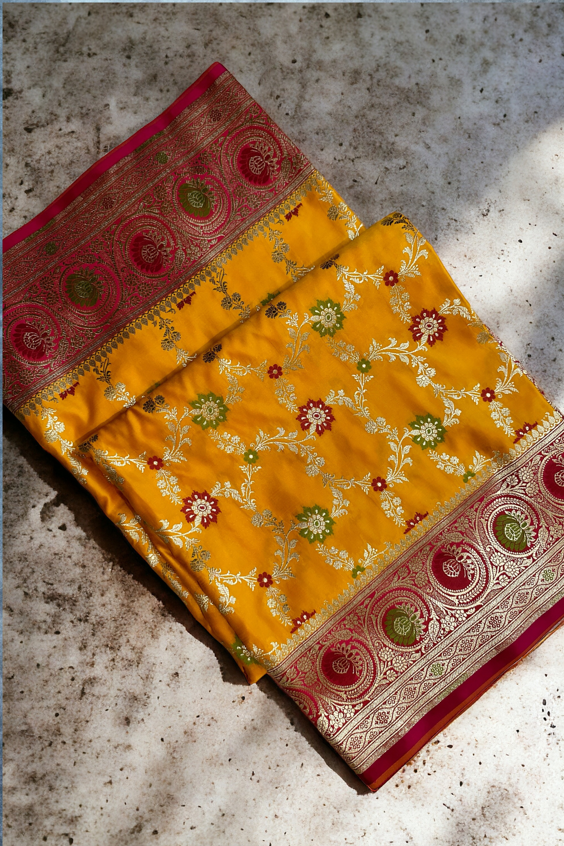 Satin Silk Yellow Meenakari Banarasi Saree