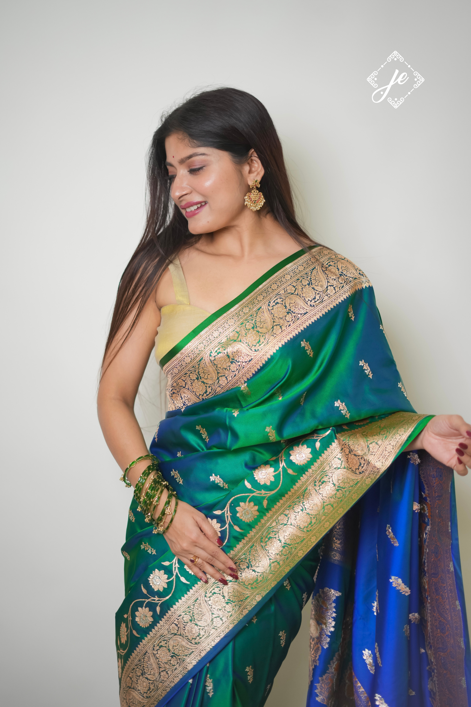 Dual Tone Green Blue Satin Silk Banarasi Saree
