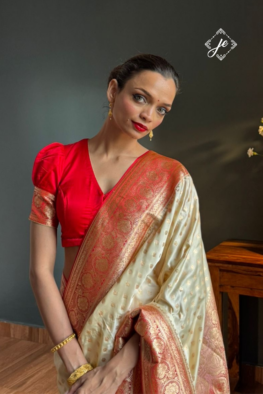 Off-White Satin Silk with Red Border Buti Banarasi Saree