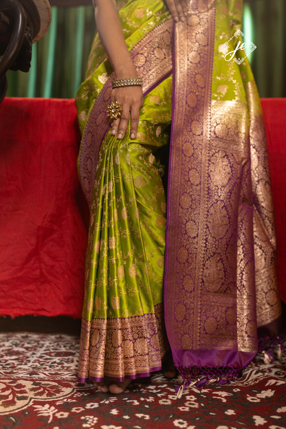 Dhani Green Satin Silk with Contrast Purple Border Banarasi Saree