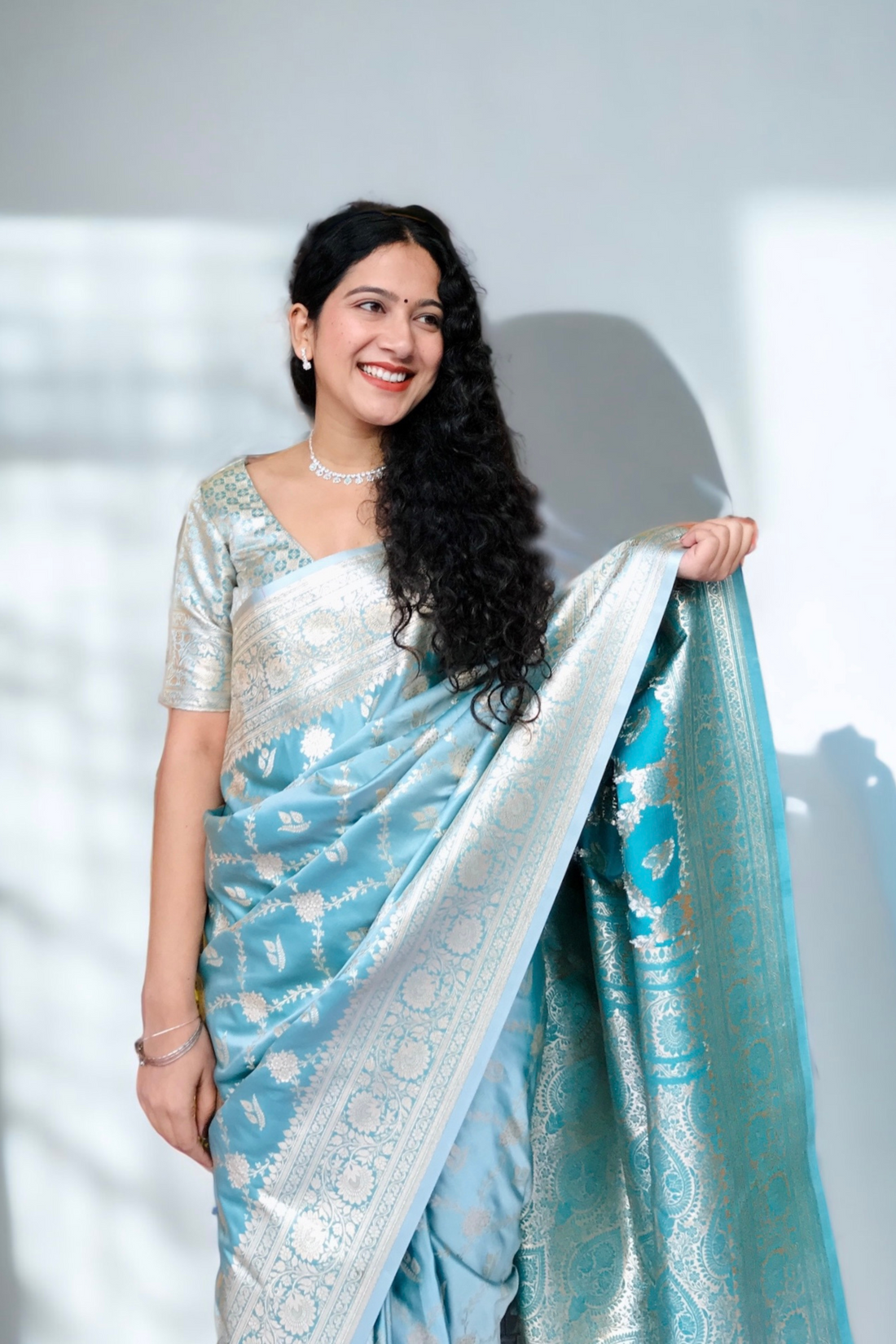 Ice Blue Satin Silk Jaal Banarasi Saree