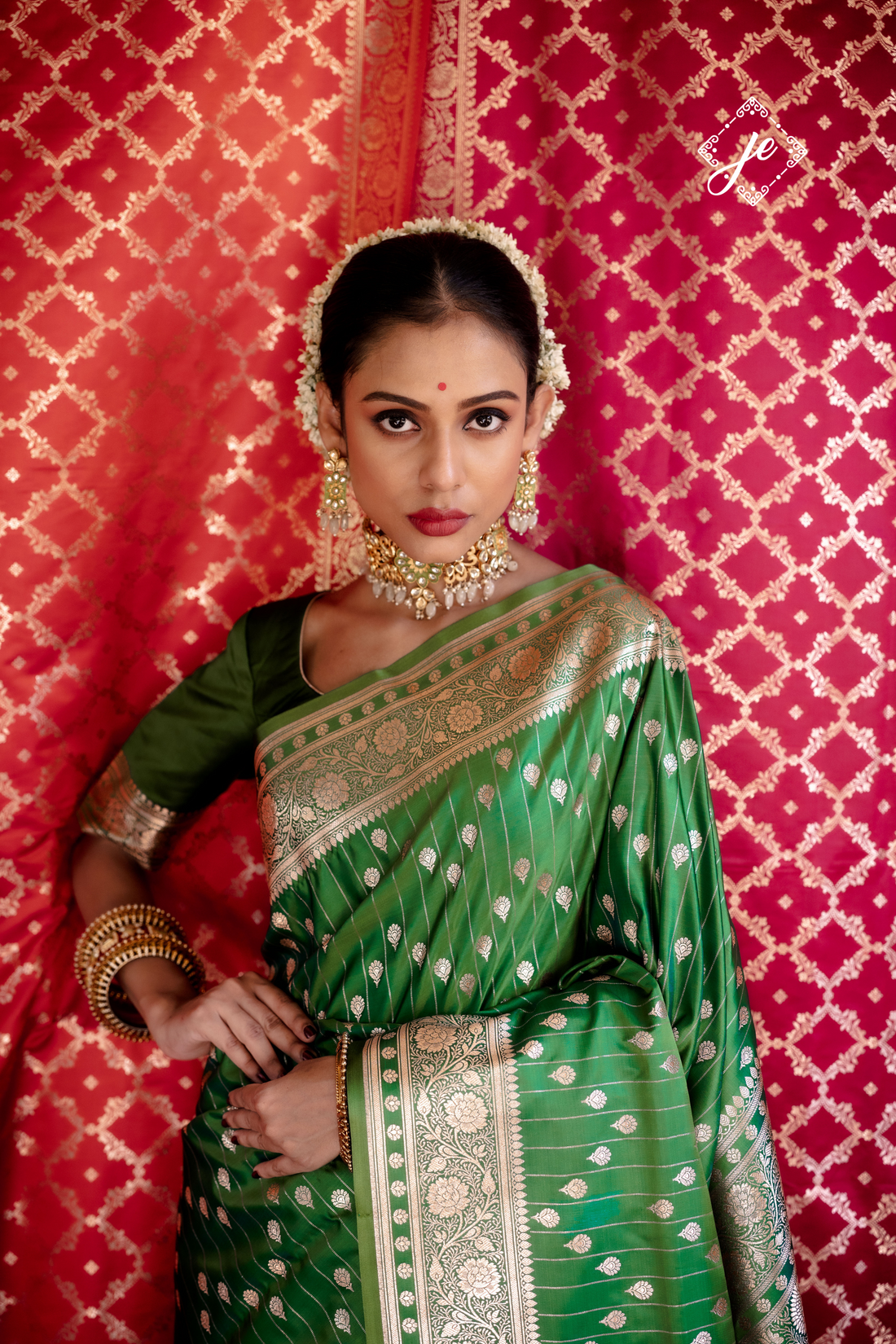 Green Satin Silk Striped Banarasi Saree