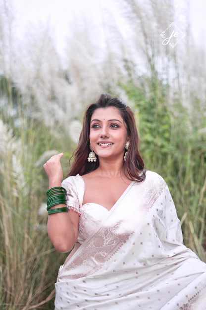 White Satin Silk Buti Banarasi Saree