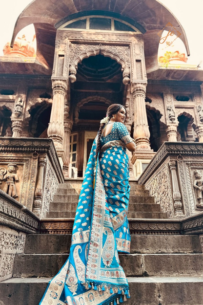 Cobalt Blue Satin Silk Meenakari Buti Banarasi Saree