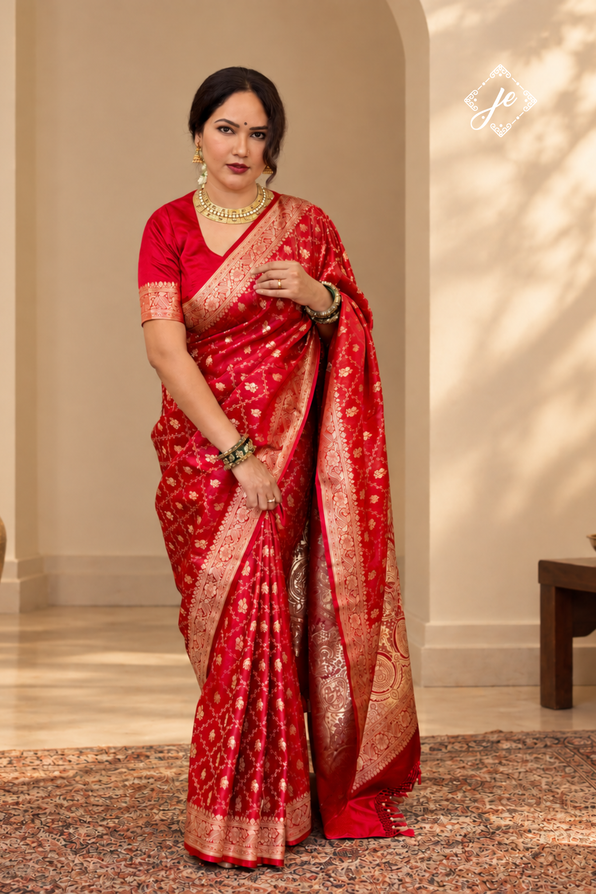 Red Satin Tissue Silk Jaal Banarasi Saree