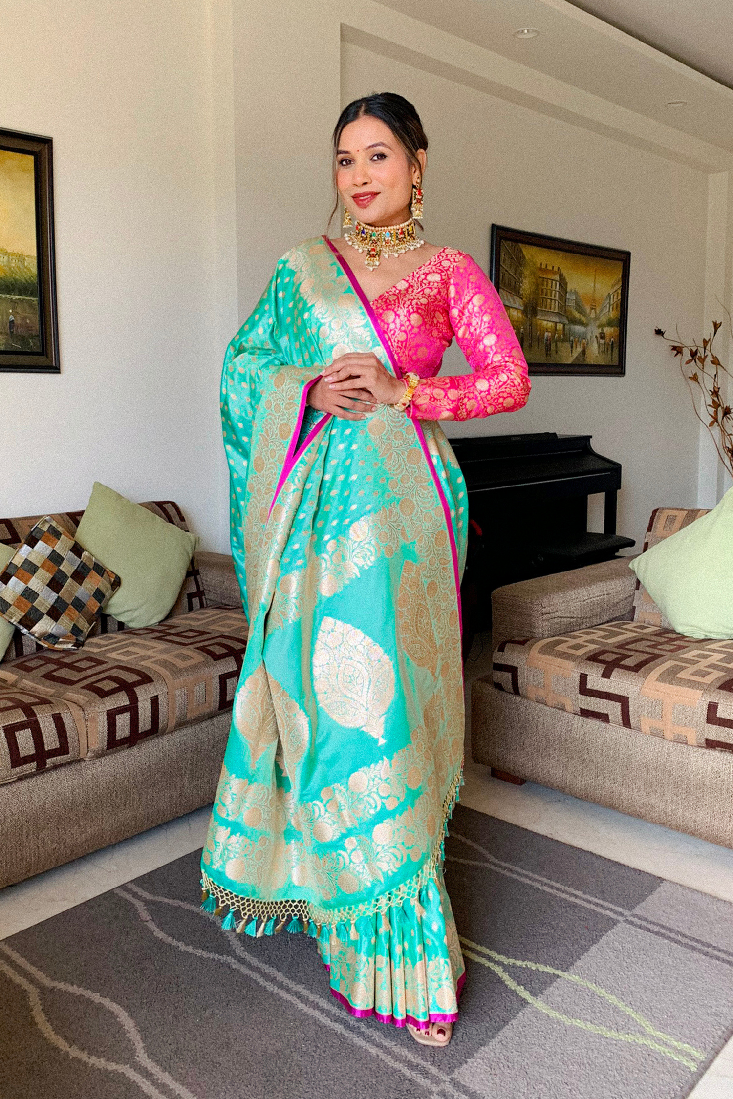 Aqua Green Fancy Border Satin Silk Banarasi Saree