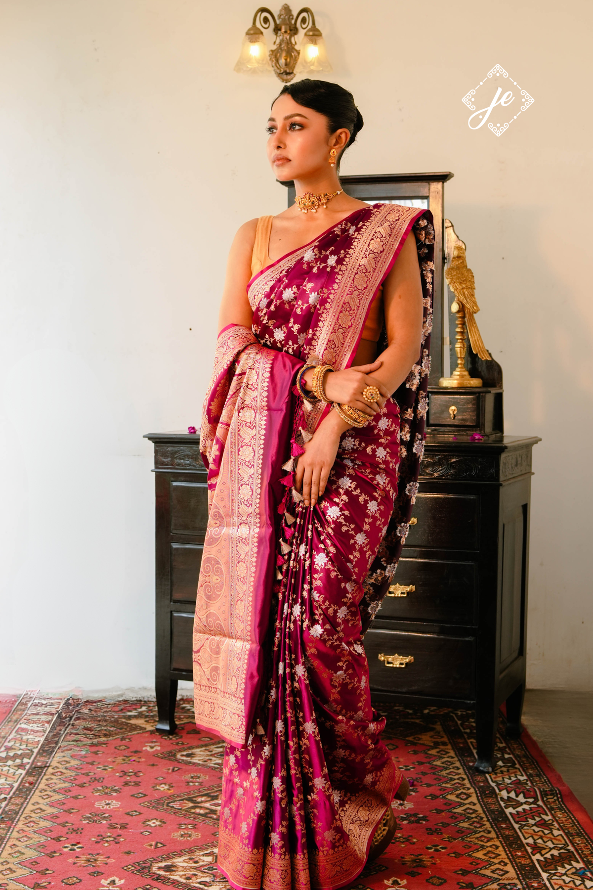 Wine Satin Silk Jaal Banarasi Saree