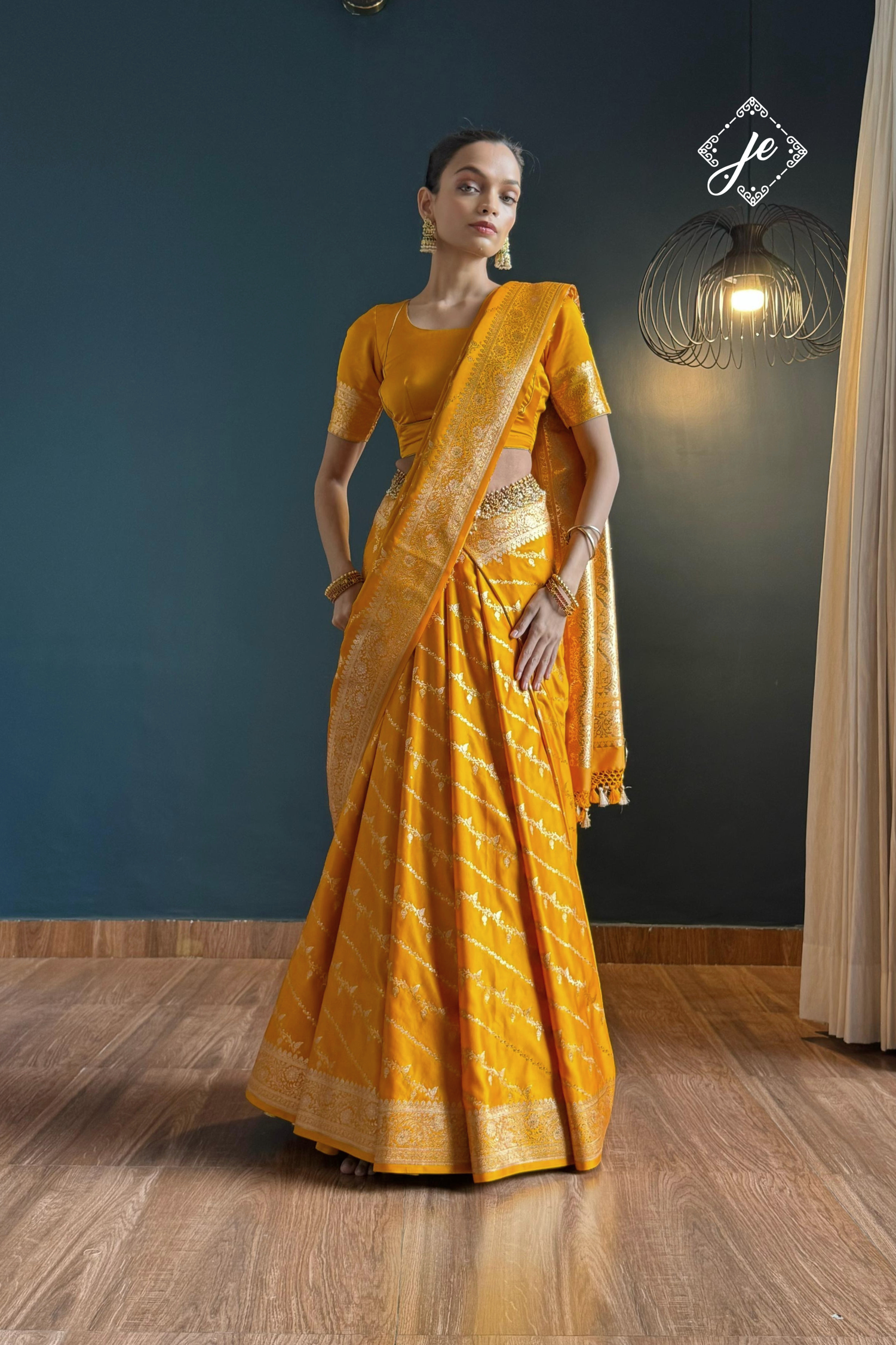Yellow Leheriya Satin Silk Buti Banarasi Saree