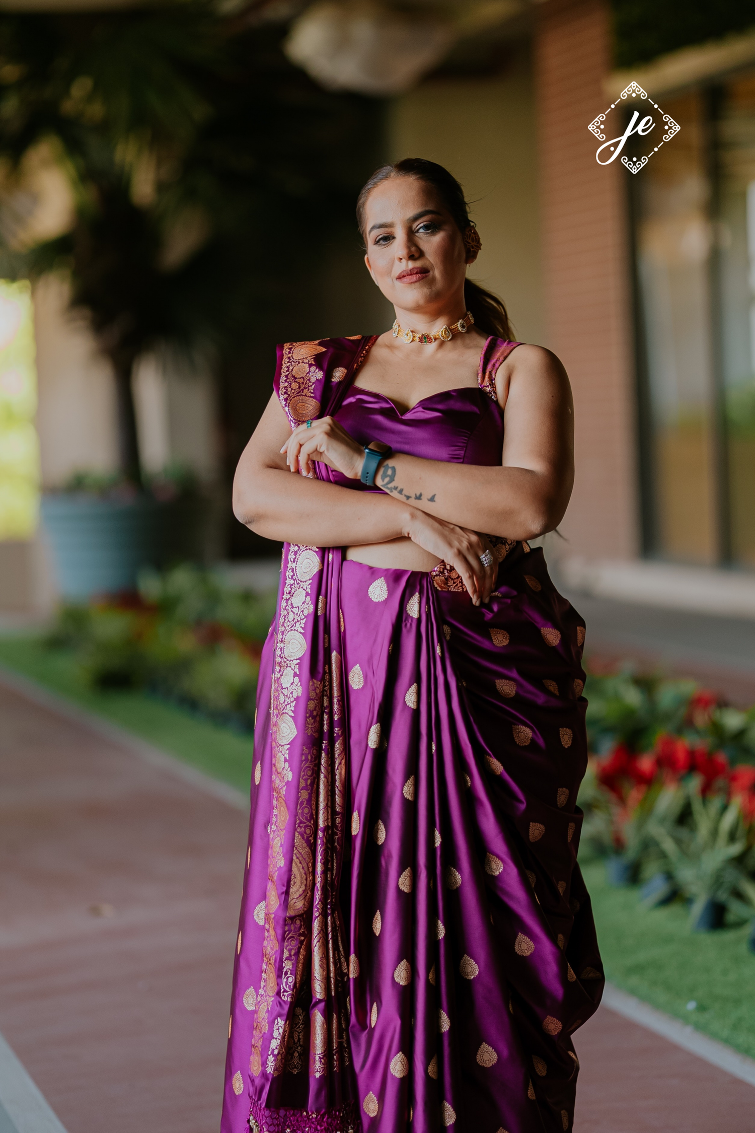 Purple Open Border Satin Silk Banarasi Saree