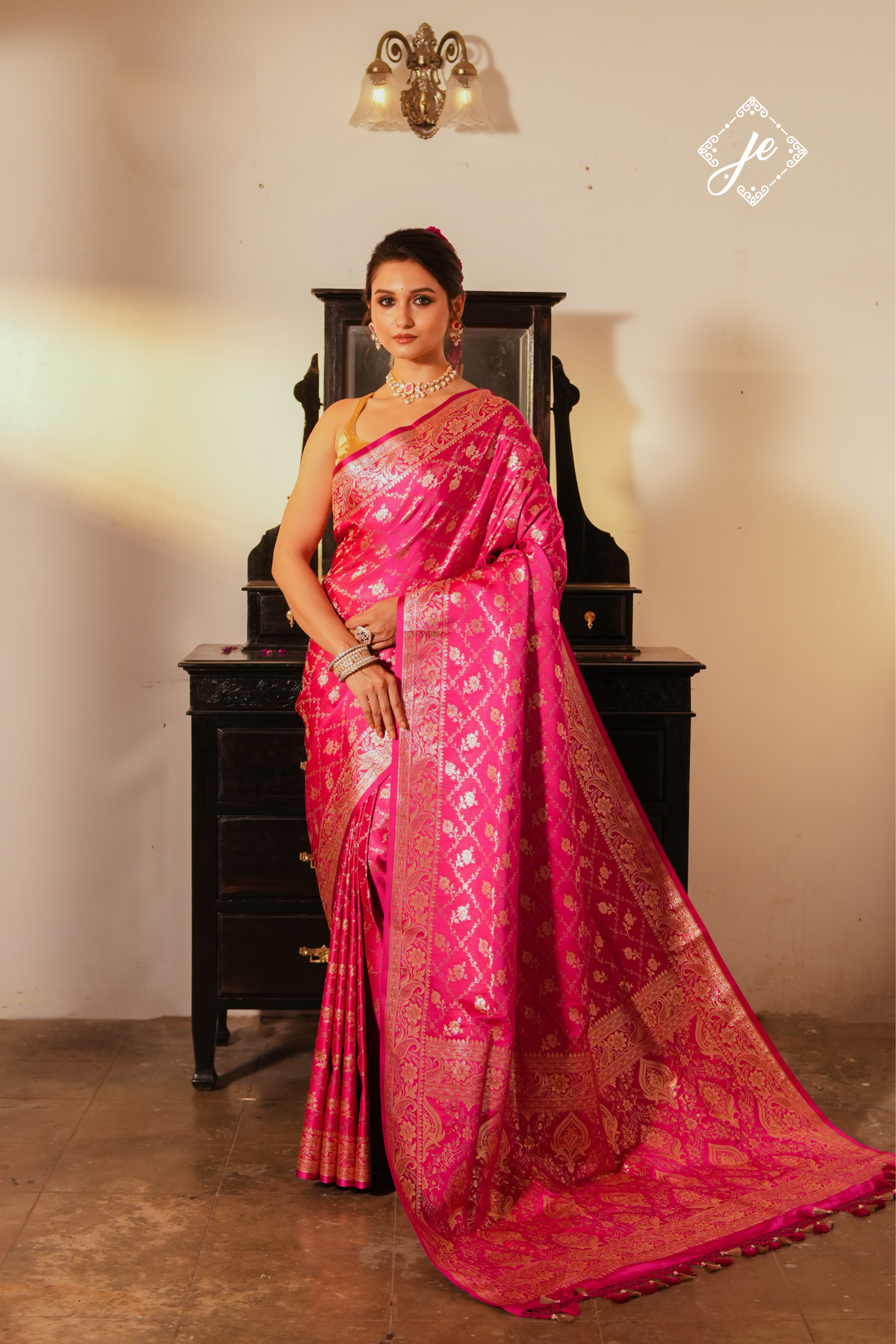 Rani Pink Satin Tissue Silk Jaal Banarasi Saree