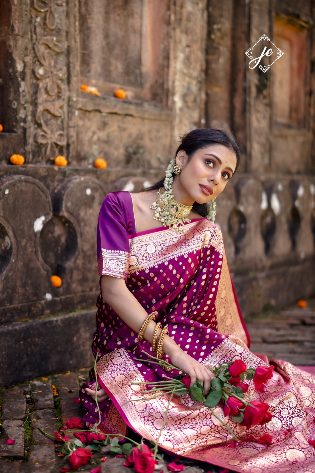Purple Satin Silk Buti Banarasi Saree