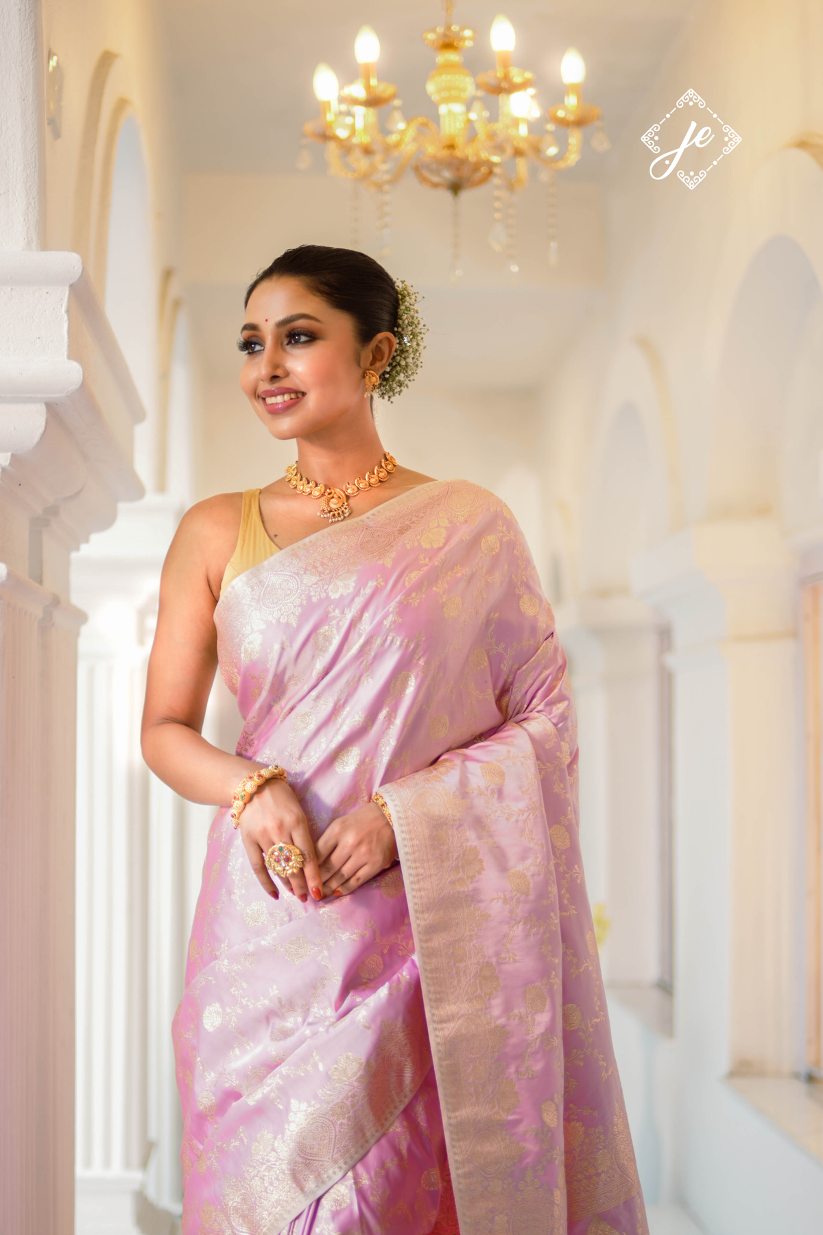 Pastel Pink Satin Silk Banarasi Saree