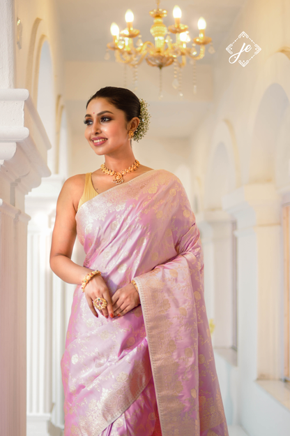 Pastel Pink Satin Silk Banarasi Saree
