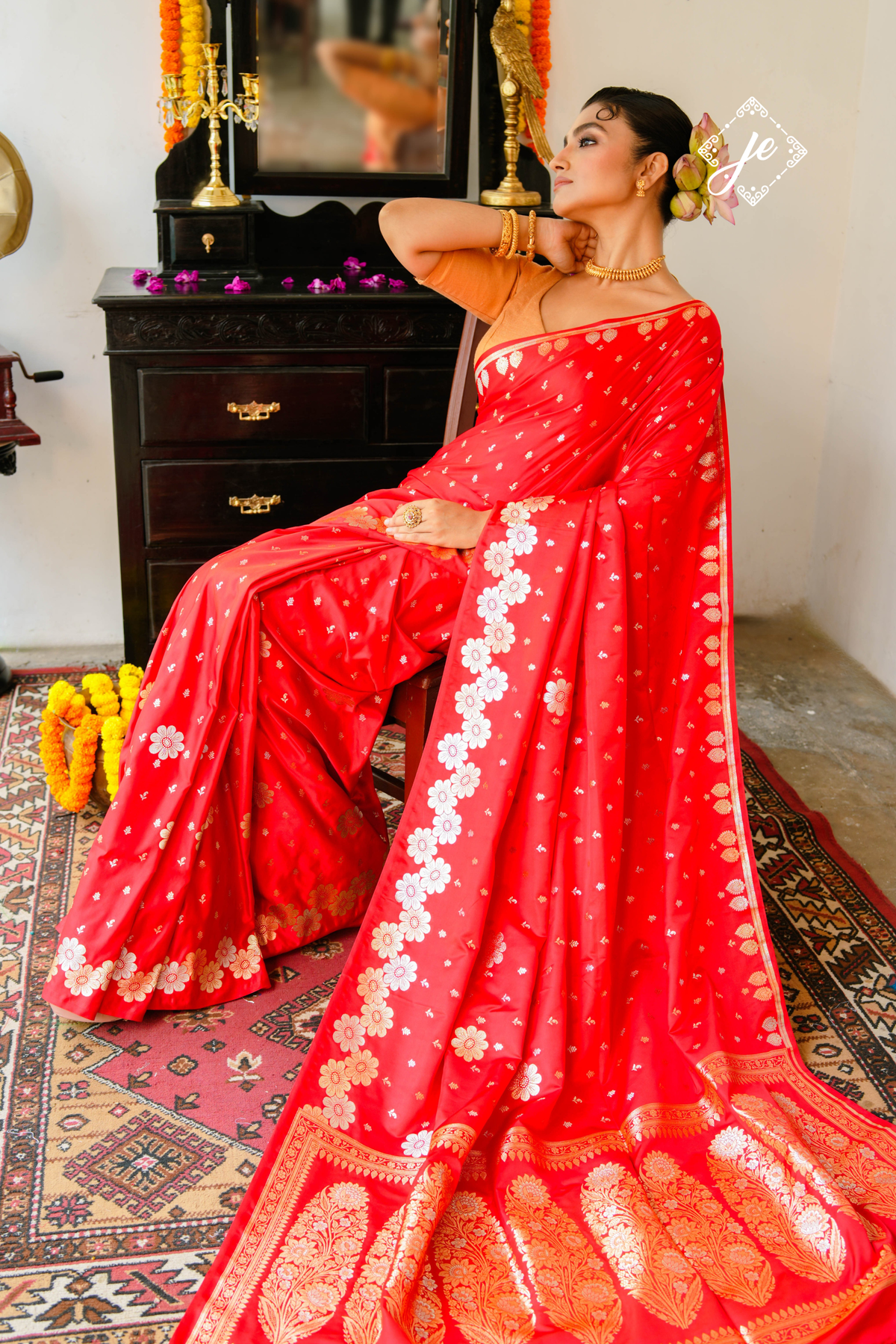 Red Satin Silk Buti Banarasi Saree