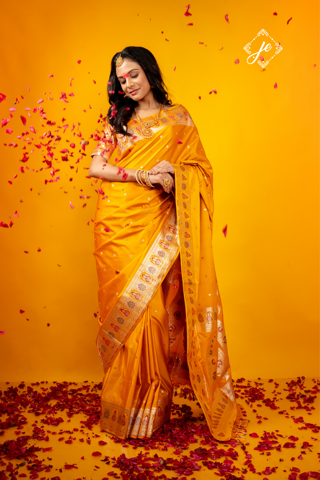 Mustard Yellow Satin Silk Meenakari Banarasi Saree