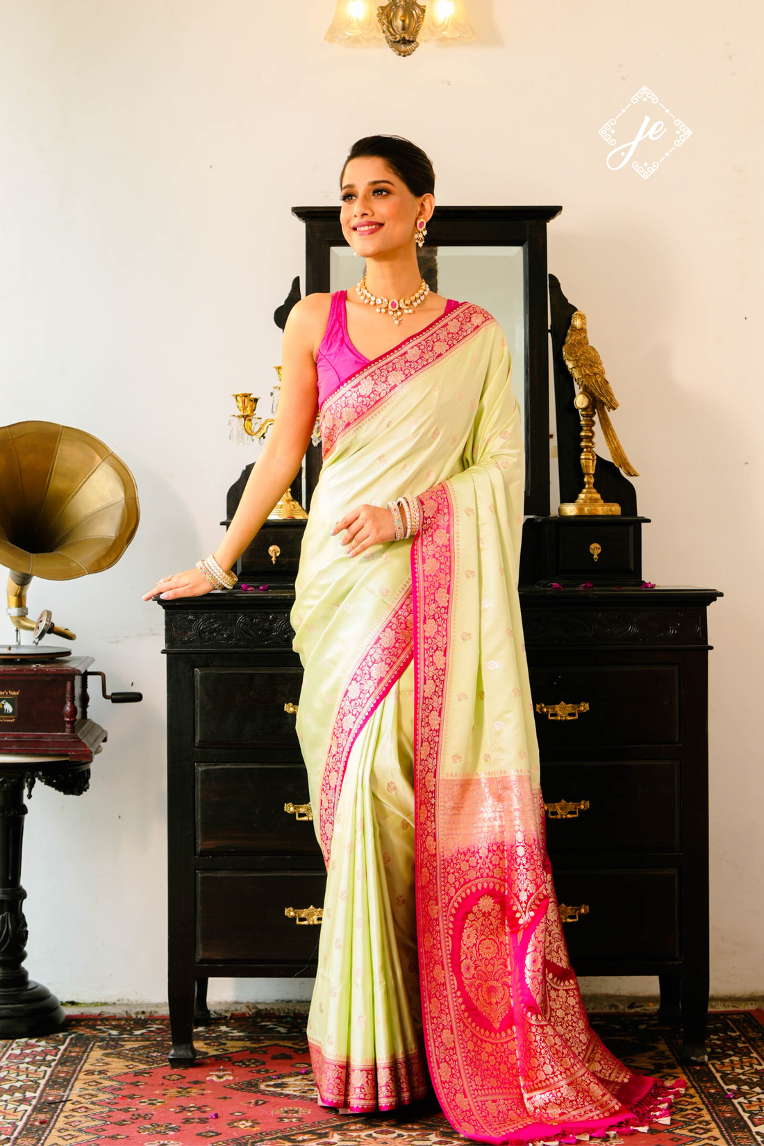Pista Green Satin Silk with Contrast Rani Pink Border Banarasi Saree