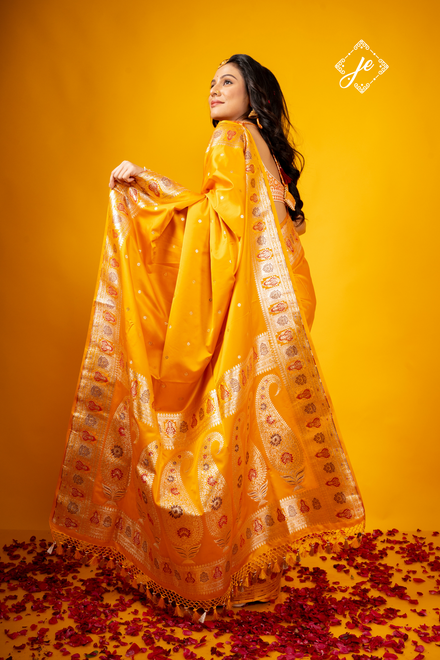 Mustard Yellow Satin Silk Meenakari Banarasi Saree