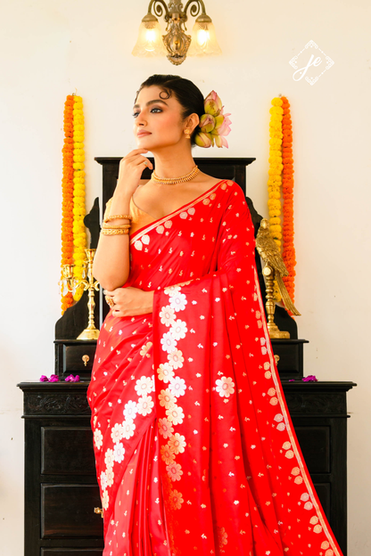 Red Satin Silk Buti Banarasi Saree