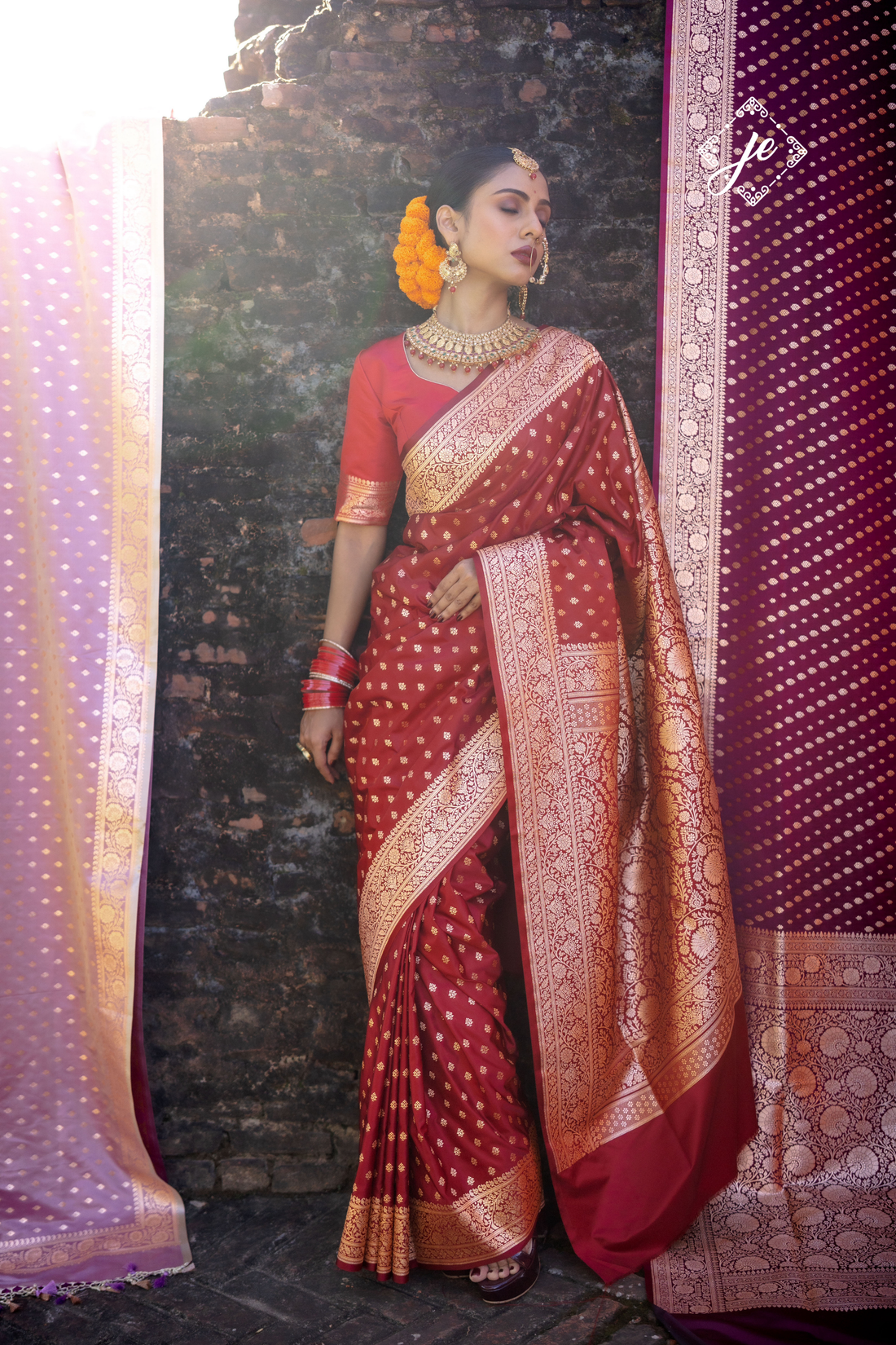 Maroon Satin Silk Buti Banarasi Saree
