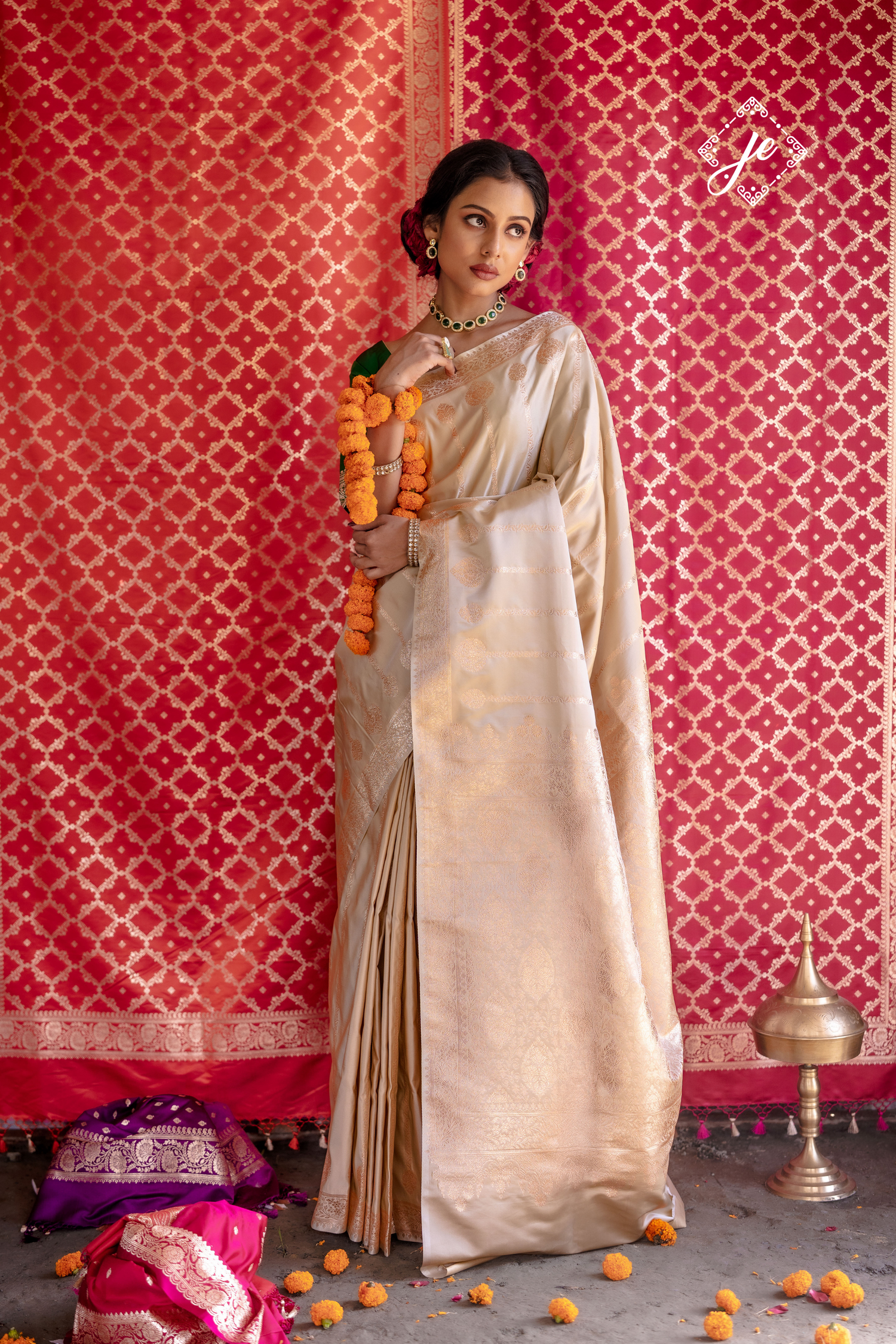 Beige Satin Silk Striped Banarasi Saree