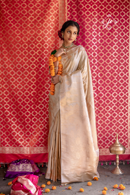 Beige Satin Silk Striped Banarasi Saree