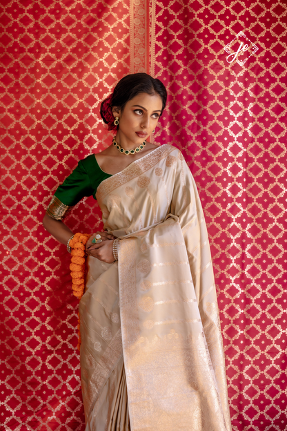 Beige Satin Silk Striped Banarasi Saree