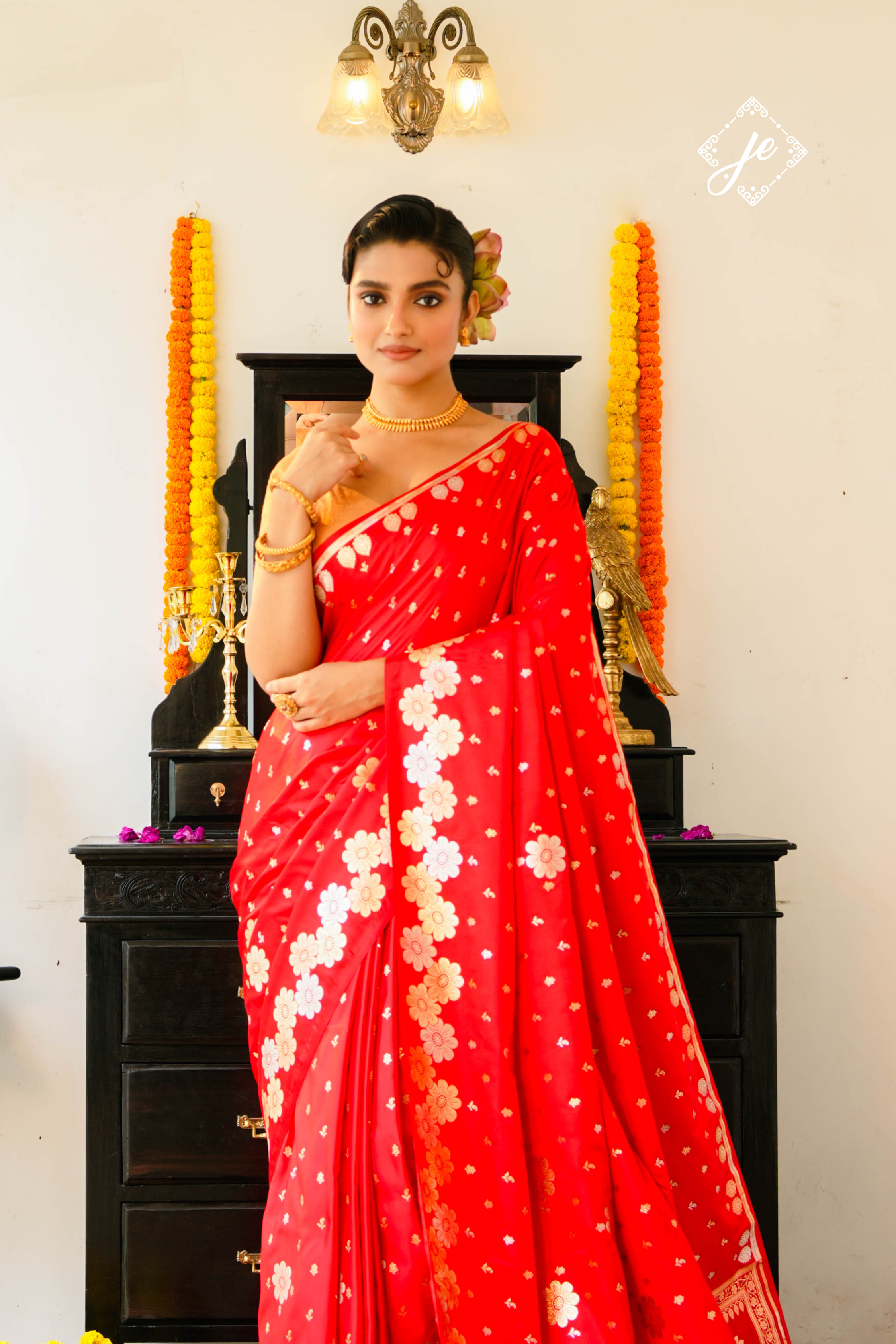 Red Satin Silk Buti Banarasi Saree