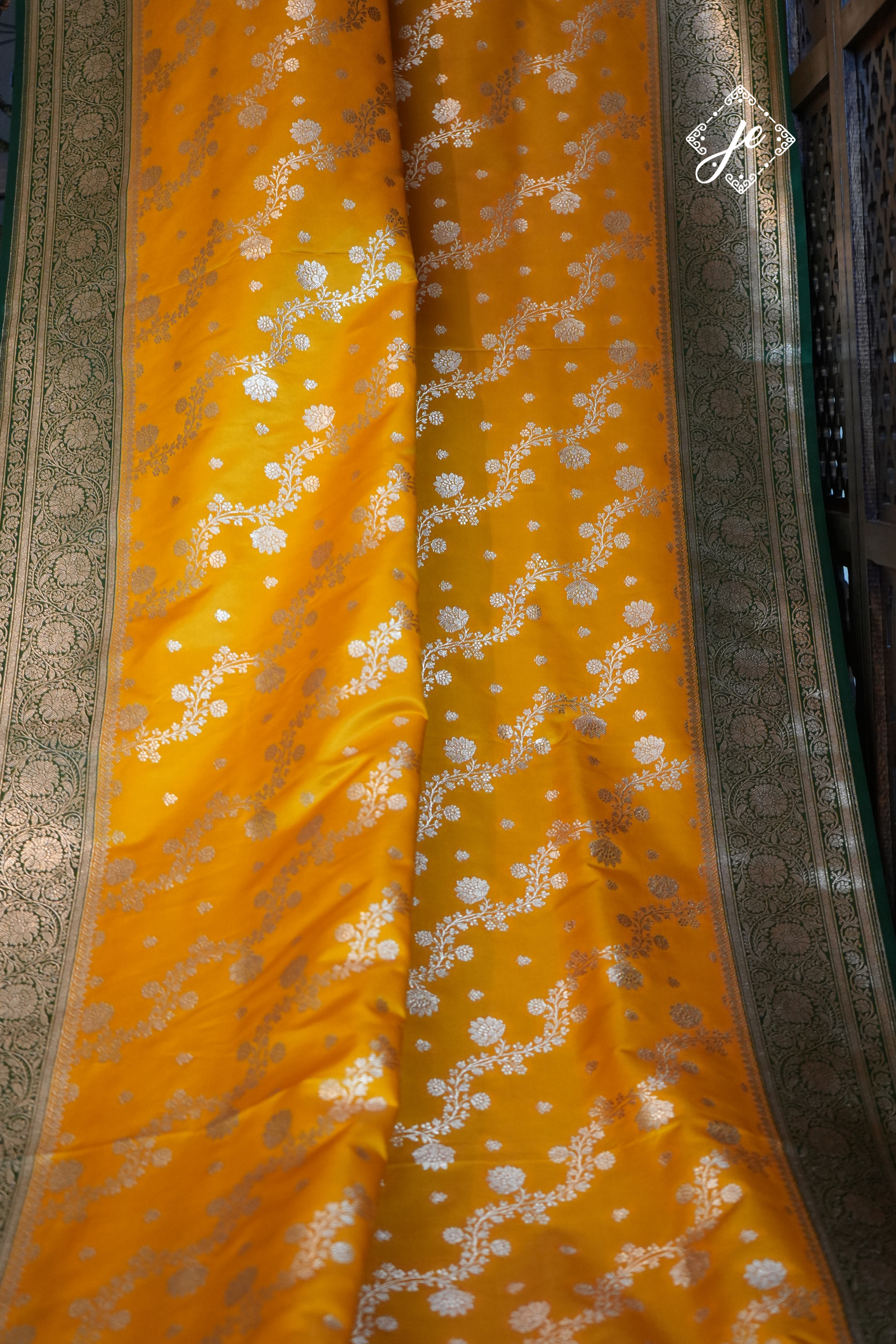 Mustard Yellow Satin Silk with Contrast Green Border Leheriya Banarasi Saree