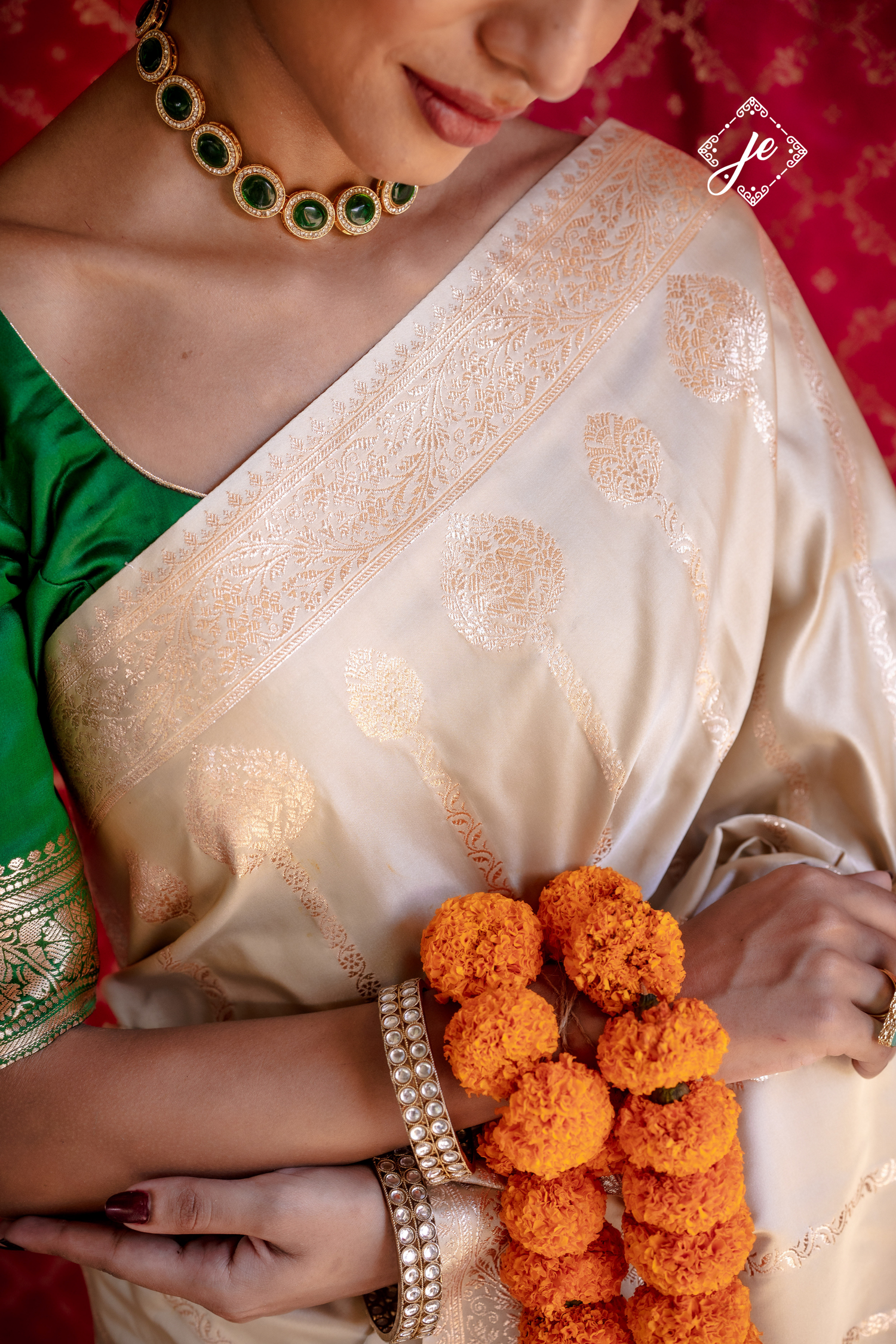 Beige Satin Silk Striped Banarasi Saree